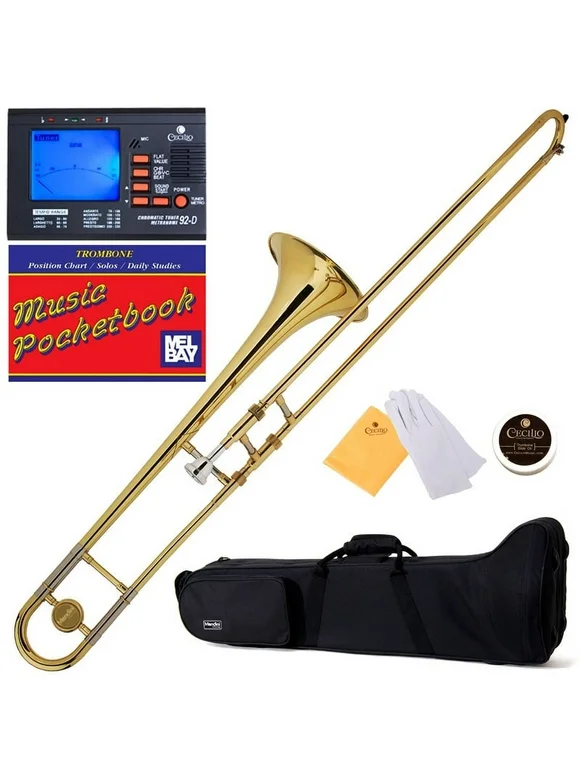 Mendini by Cecilio MTB-L Gold Lacquer Bb Tenor Slide Trombone, Tuner, Durable Deluxe Case and Pocketbook