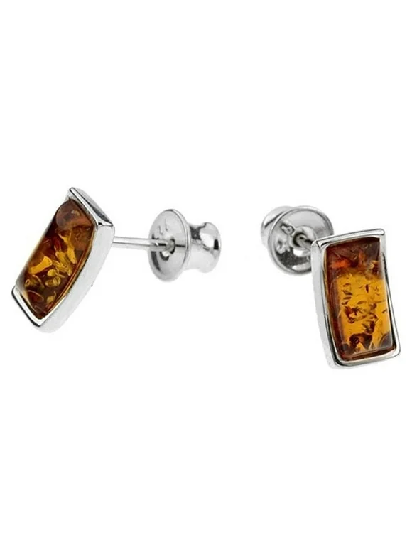 Cognac Color Baltic Amber Stud Earring in Sterling Silver