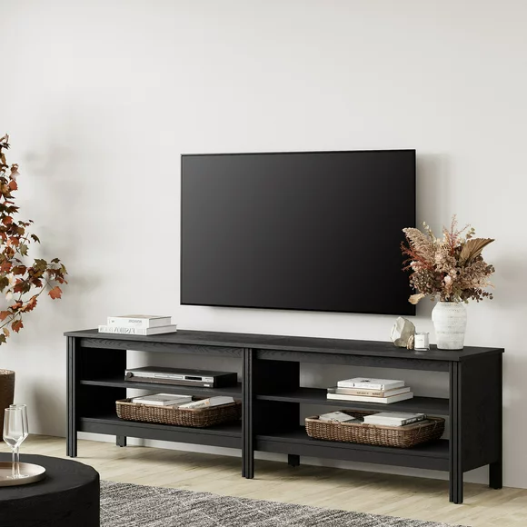 TV Stand for 75 inch TV with 4 Open Shelves, Wood TV Console Entertainment Center for LIving Room, Black