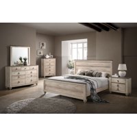 Roundhill Imerland Contemporary White Wash Finish Bedroom Set, King Bed, Dresser, Mirror, Nightstand and Chest