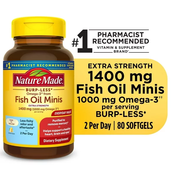 Nature Made Extra Strength Burp Less Omega 3 Fish Oil Supplements 1400 mg Minis Softgels, 80 Count