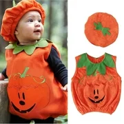 Actoyo Newborn Baby Girls Boys Halloween Costumes Sleeveless Pumpkin Romper Bodysuit and Hat for Halloween Dress Up