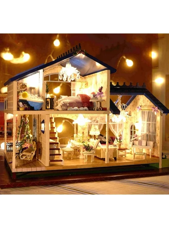 New Dollhouse Miniature DIY Kit Dolls House With Furniture DIY Handcraft Miniature LED Light&lamp,Music with Cover Provence Dollhouse