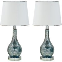 Halle Table Lamp Set, Blue Green Glass Body & White Fabric Empire Shade, Contemporary, (Set of 2)