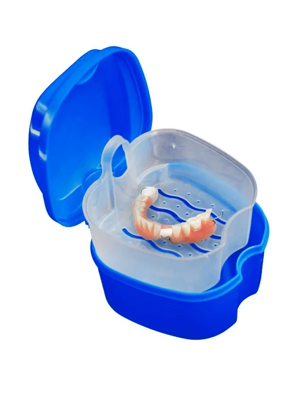 Bowake Denture Bath Box Case Dental False Teeth Storage Box with Hanging Net Container