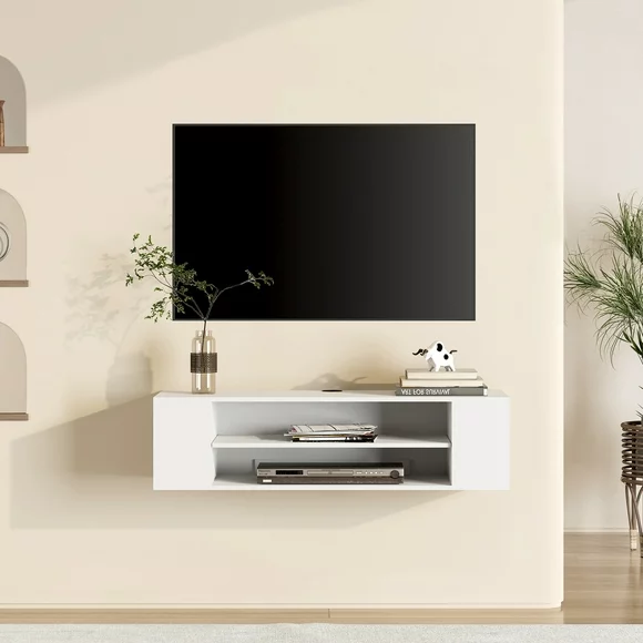 White Floating TV Stand Wall Mounted, Modern Floating Media Storage Shelves TV for Wall, 39.3 inch