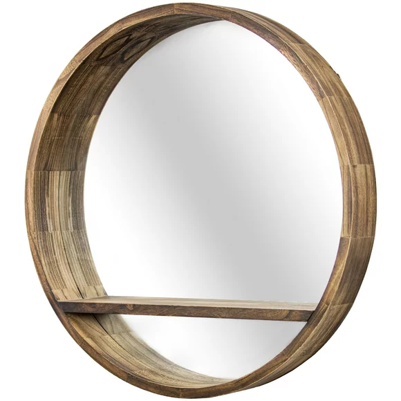 American Art Dcor, Round Wooden Wall Mirror with Storage Shelf - Brown (28")