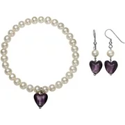 Genuine White Cultured Freshwater Pearl and Purple Glass Heart Stretch Bracelet and Drop Earring Set
