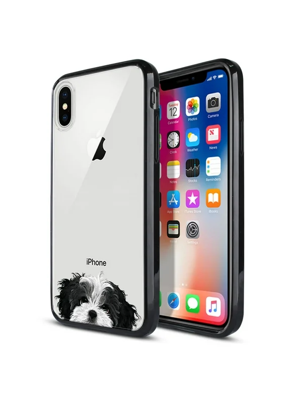 FINCIBO Slim TPU Bumper + Clear Hard Back Cover for Apple iPhone X 5.8"/iPhone XS 5.8", Black White Shih Tzu Dog
