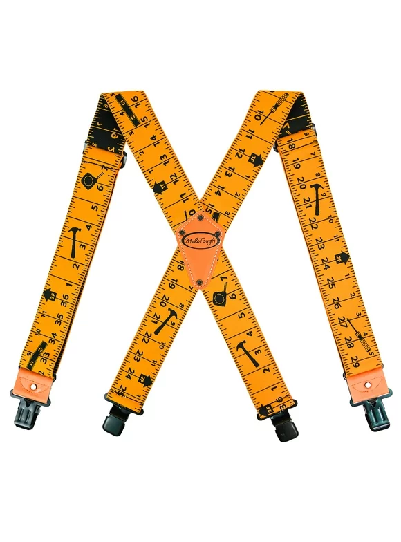Tape Measure Suspenders 2" Wide Elastic Braces X Shape with Construction Clip Heavy Duty Yellow Rule suspenders For Men