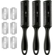 3 Pieces Razor Comb with 10 Pieces Razors, Hair Cutter Comb Cutting Scissors, Double Edge Razor, Hair Thinning Comb Slim Haircuts Cutting Tool (Black) Black