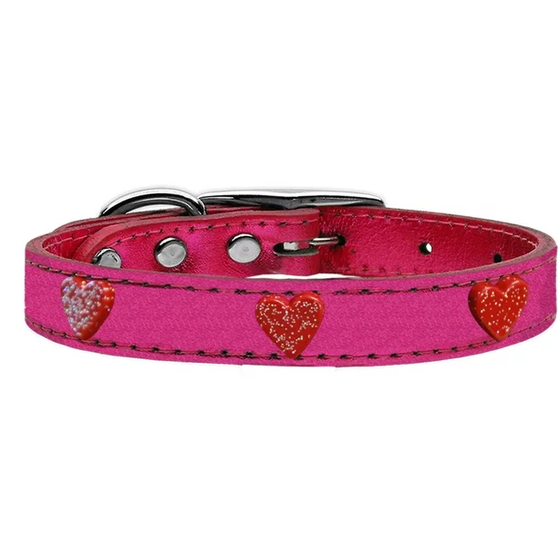 Mirage Pet Products Leather Heart Dog Collar, Pink, S/M