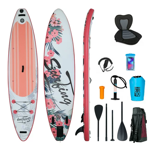 ELECWISH 11 Ft Inflatable Stand Up Paddle Board and Sit-on Kayak Set, Non-Slip Deck SUP Paddle Board with SUP Accessories & Backpack, Pink Flowers