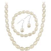 9.5-10.0mm Freshwater Cultured Pearl Sterling Silver Jewelry Necklace, Bracelet and Earring Set