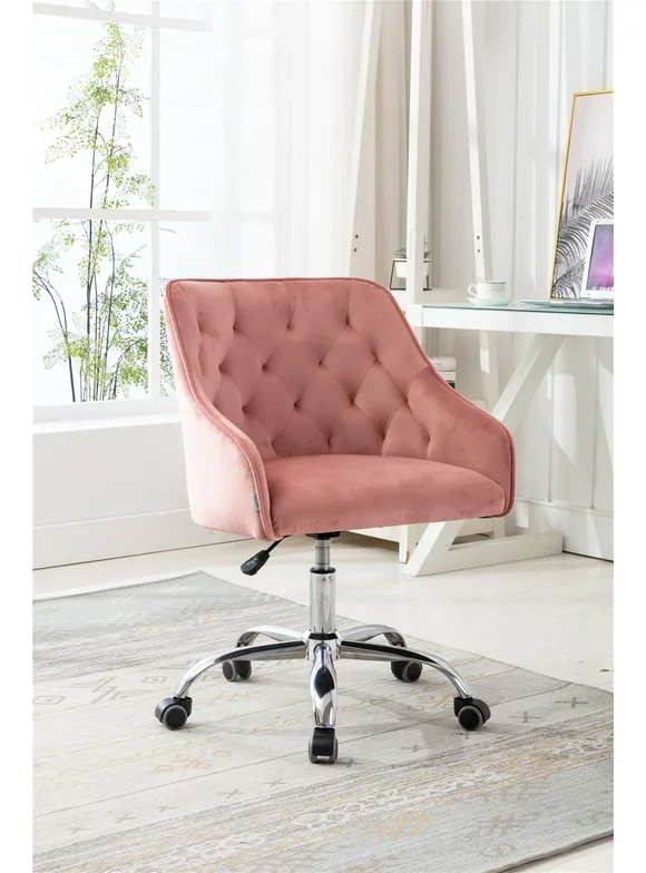Velvet Swivel Vanity Chair, Adjustable Desk Chair, Upholstered Home Office Armchair with 5 Wheels for Living Room Bedroom, Pink