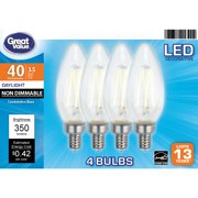 Great Value LED Light Bulb, 3.5 Watts (40W Eqv.) B10 Deco Lamp E12 Base, Non-dimmable, Daylight, 4-Pack
