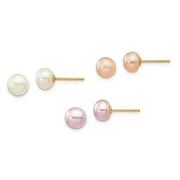 Primal Gold 14 Karat Yellow Gold 6-7mm Button Freshwater Cultured Pearl Boxed 3 Pair Post Earrings Set