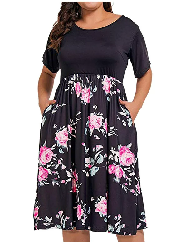 Plus Size XL-5XL Women Summer Boho Round Neck Retro Skirt Dress Floral Print Splicing Swing Shirt Dresses Sundress