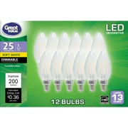 Great Value LED Light Bulb, 3 Watts (25W Equivalent) B10 Deco Lamp E12 Candelabra Base, Dimmable, Soft White, 12-Pack