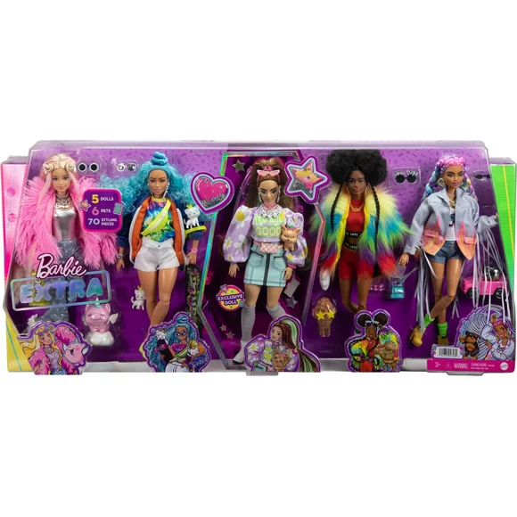 Barbie Extra 5-Doll Set with 6 Pets & 70 Styling Pieces for Kids 3 Years Old & Up
