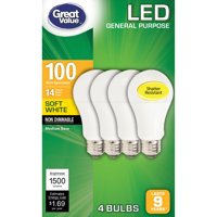 Great Value LED Light Bulb, 14W (100W Equivalent) A19 General Purpose Lamp E26 Medium Base, Non-dimmable, Soft White, 4-Pack