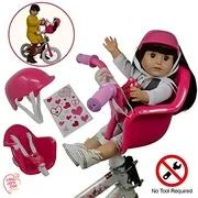 Doll Bike Seat Carrier for Baby Dolls and American Girl Dolls with Doll Helmet and Stickers. No Tools Required Bicycle and Scooters seat Accessories for Dolls