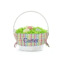 Personalized Planet Colorful Plaid Liner with Custom Name Embroidered in Blue Thread on White Woven Spring Easter Basket with Collapsible Handle for Egg Hunt or Books and Toy Storage