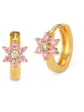 14k Gold Plated Brass Pink Flower Cubic Zirconia Baby Hoop Huggie Baby Girls Earrings