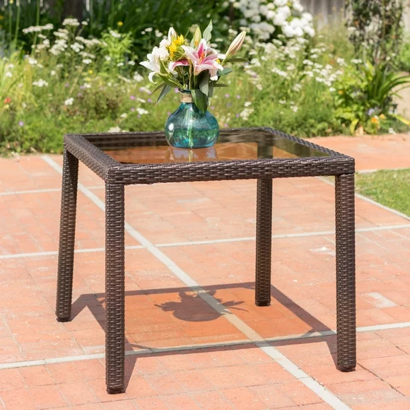 Porto Outdoor 4-seat 30" Square Wicker Dining Table with Glass Top, Multibrown