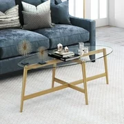 Modern Oval Glass Coffee Table for Living Room in Golden Brass Finish, Chic Metal Accent Table, 15.7" H x 50.5" L x 18" W