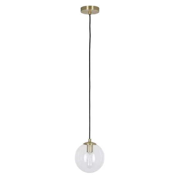 Cresswell Lighting 8" Mid-Century Modern Clear Glass Globe Mini Pendant Ceiling Light, Brass