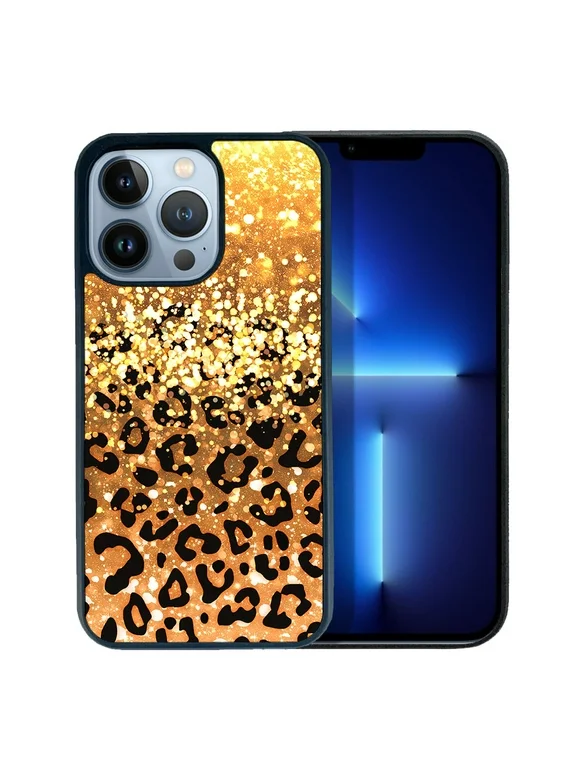 FINCIBO Soft Rubber Cover Case for Apple iPhone 13 Pro 6.1" 2021 (NOT FIT iPhone 13 mini 5.4"/iPhone 13 6.1"/iPhone 13 Pro Max 6.7" 2021), Gold Glitter Sparkle With Black Yellow Glitter Leopard