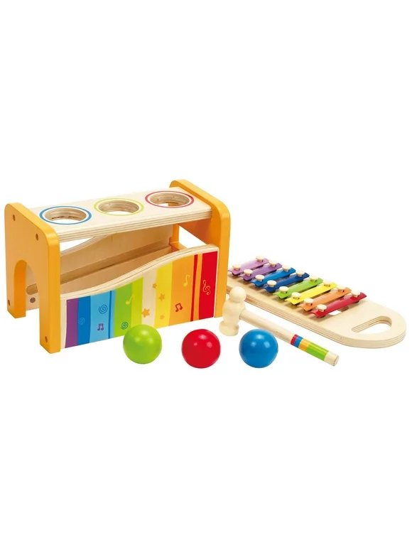 Hape Kids Wooden Musical Instrument Rainbow Pound and Tap Bench with Xylophone