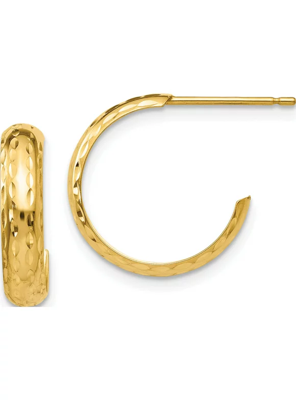 14K Yellow Gold Diamond-Cut 3.5mm J-Hoop Earrings (13 X 3) Made In Indonesia tl114