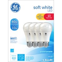 GE LED 10W (60W Equivalent) Soft White General Purpose Light Bulbs, A19 Bulb Shape, Medium Base, 13 Year Life, Dimmable, 4pk