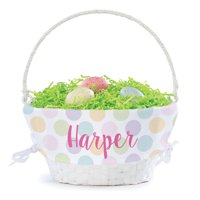 Personalized Planet Girls Polka Dot Liner with Custom Name Printed in Pink Letters on White Woven Spring Easter Basket with Collapsible Handle for Egg Hunt or Book Toy Storage