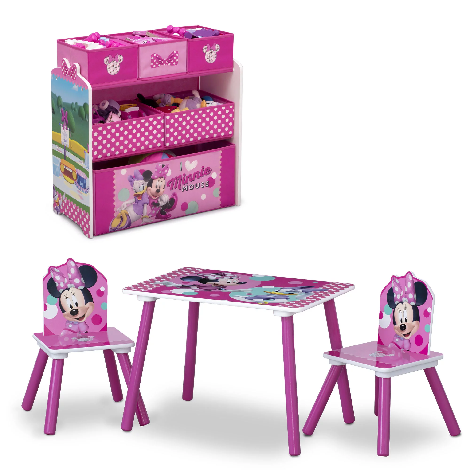 Minnie Mouse 4-Piece Wood Toddler Playroom Set  Includes Table, 2 Chairs & Toy Bin, Pink