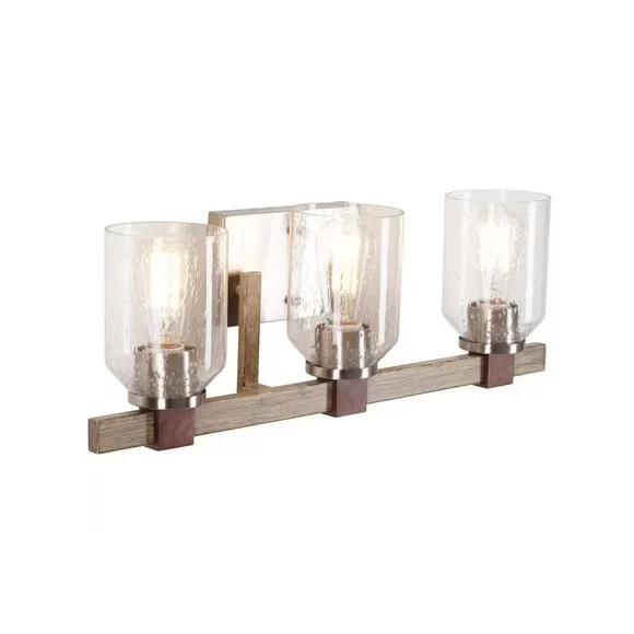 Cresswell 27"W Breckenridge 3-Light Bath Vanity Light Fixture; Brushed Nickel & Walnut Wood Accents & Clear Seeded Glass Shades