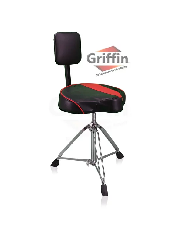 Saddle Drum Throne with Backrest Support by Griffin Padded Leather Drummer Motorcycle Biker Style Seat Swivel Adjustable Height Music Drum Chair Musicians Guitar Stool Percussion Tractor Top