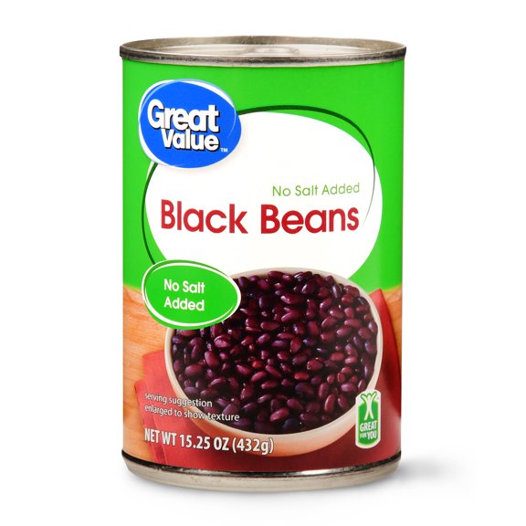 Great Value, No Salt Added, Canned Black Beans, 15 oz Can