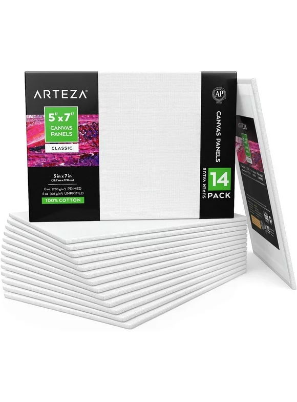 Arteza Canvas Panels, Classic, 5"x7",White, Blank Canvas Boards for Painting- 14 Pack