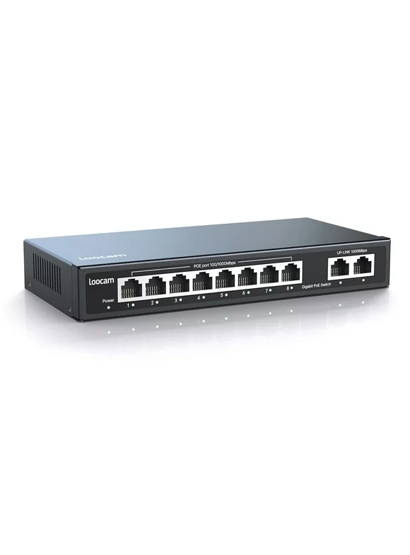 LOOCAM 10-Port Gigabit Ethernet Switch with 8-Port 100/1000Mbps POE Network Switch (-Plug and Play)