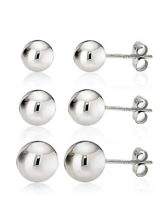 925 Sterling Silver High Polish Smooth Round Ball Stud Earring 3-Size Set - 6mm, 7mm, 8mm