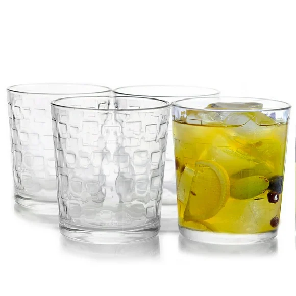 Gibson Home Great Foundations 4-Piece Double Old Fashion Glass Set, 13 Oz, Square Pattern