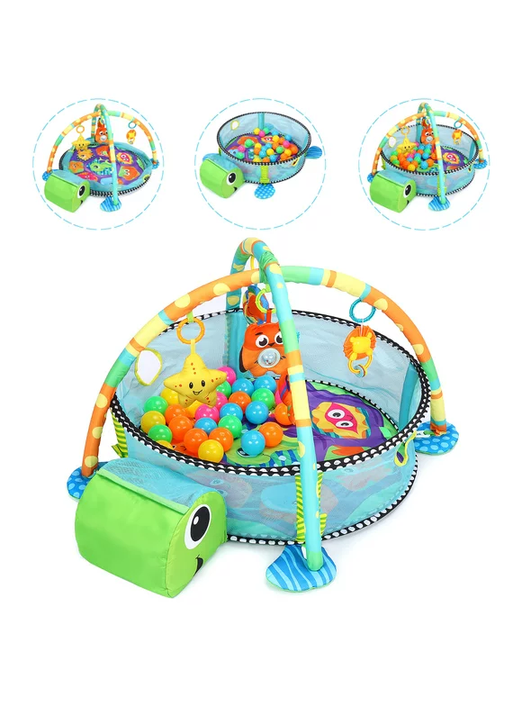 TEAYINGDE 3 in 1 Baby Activity Play Mat Gym Game with Ball Pit Play Crawling Mat Baby Playing Mat Toys Unisex Kids Activity Carpet Infant w Hanging Toys Ocean Ball (Green Turtle),Christmas Gifts