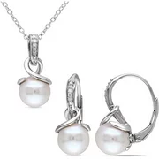 8-8.5mm White Cultured Freshwater Pearl and Diamond-Accent Sterling Silver Leverback Earrings and Pendant Set, 18