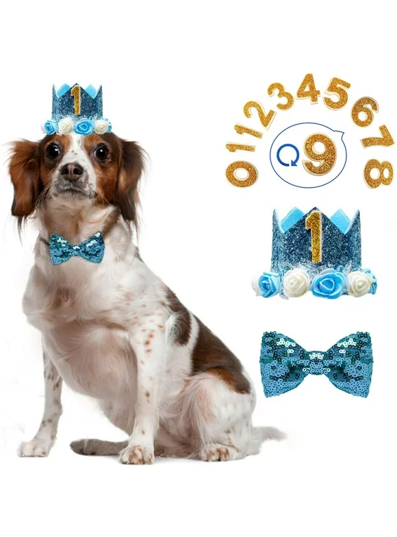 Dog Birthday Boy-Crown Dog Birthday Hat with 0-9 Figures Charms Grooming Accessories Pack of 1-Blue Adjustable Bow-Great Dog Birthday Outfit and Decoration Set.