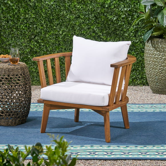 Noble House Milca Outdoor Acacia Wood Club Chair with Cushions, White and Teak