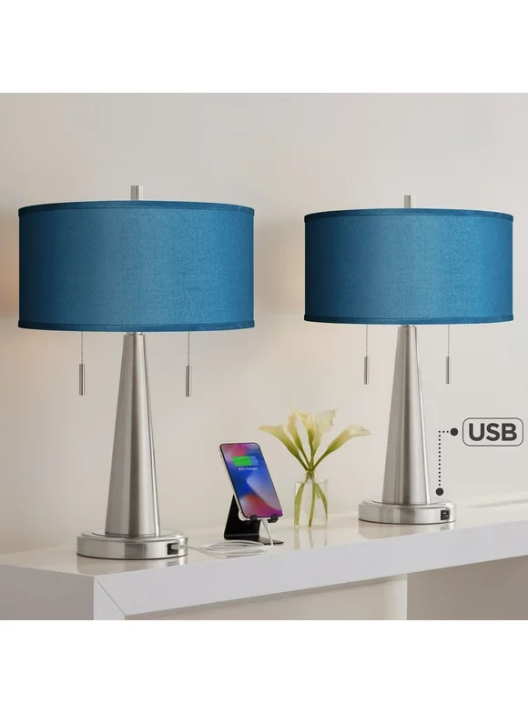 Possini Euro Design Vicki Modern Accent Table Lamps 23" High Set of 2 Brushed Nickel with USB Charging Port Blue Faux Silk Drum Shade for Bedroom Desk