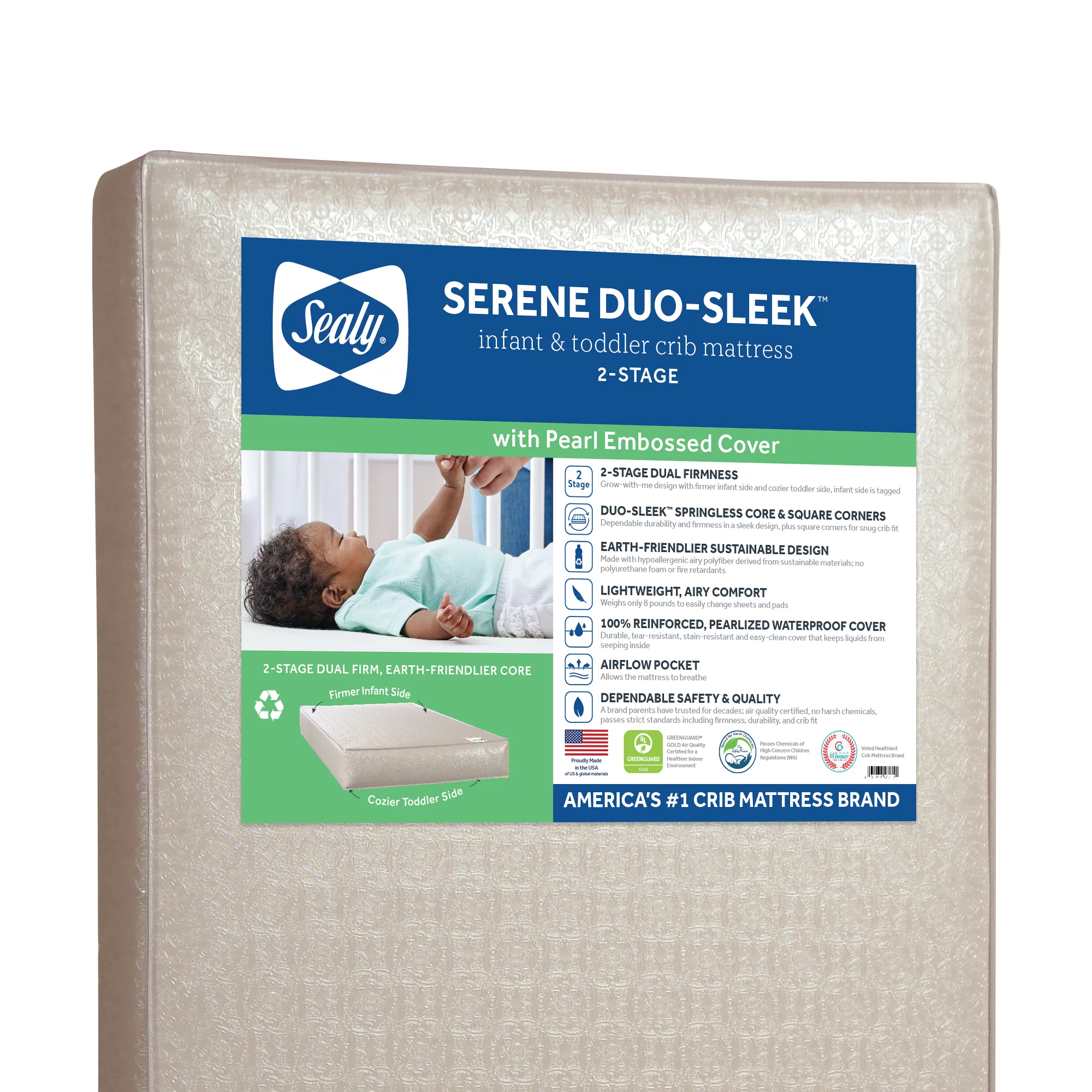 Sealy Serene Duo Sleek Ultra-Premium 2-Stage, Sustainable Foam, Crib & Toddler Mattress, 6 inch